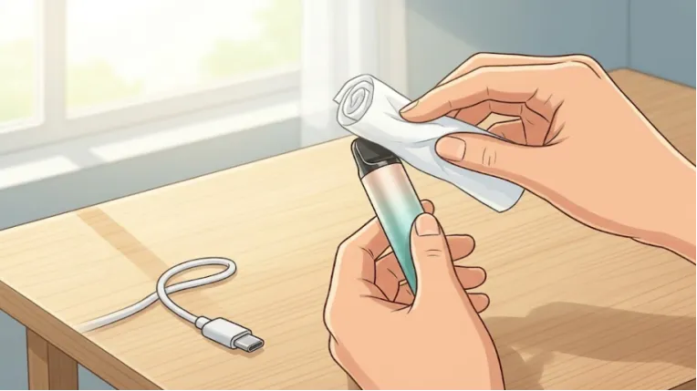 Cleaning a vape mouthpiece with tissue.