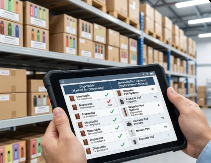 Inventory chart on a tablet in a logistics center.