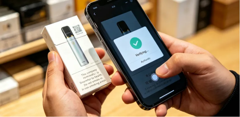 Smartphone app verifying vape authenticity by scanning a QR code on the packaging.