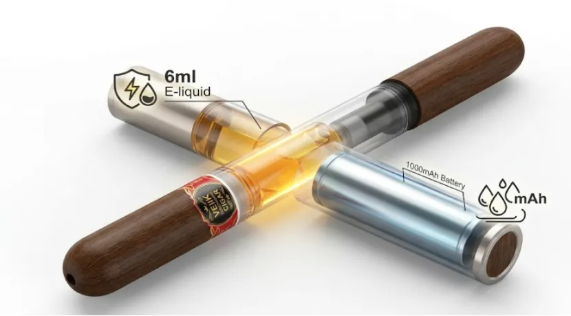 3D infographic showing a disposable vape's internal e-liquid tank and battery