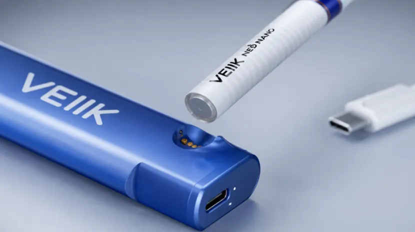 Close-up of VEIIK NEO NANO showing magnetic charging base connection and Type-C port