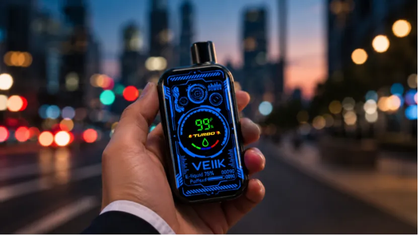 Hand holding VEIIK disposable vape showing real-time stats on digital screen
