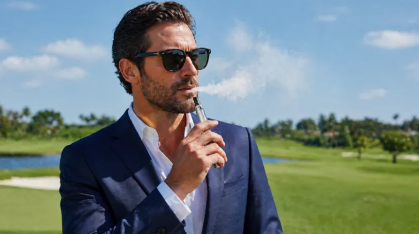 Premium e-cigar with a glowing tip and vapor