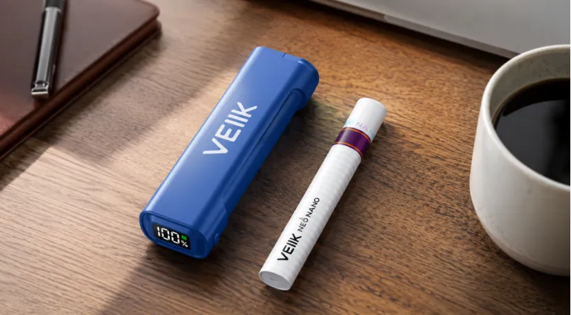 VEIIK NEO NANO disposable vape with smart battery display on a wooden desk next to coffee