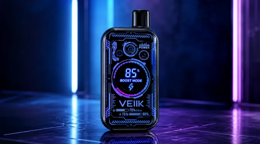 VEIIK smart screen disposable vape displaying battery percentage and boost mode