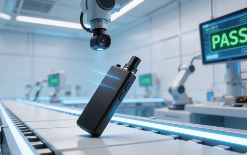 Workers assembling products on a vape manufacturing line