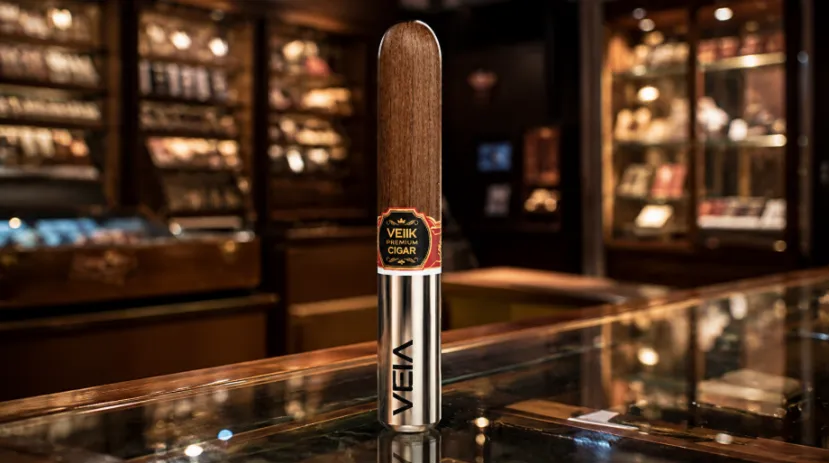 A VEIIK cigar-shaped vape standing upright on a glass retail counter