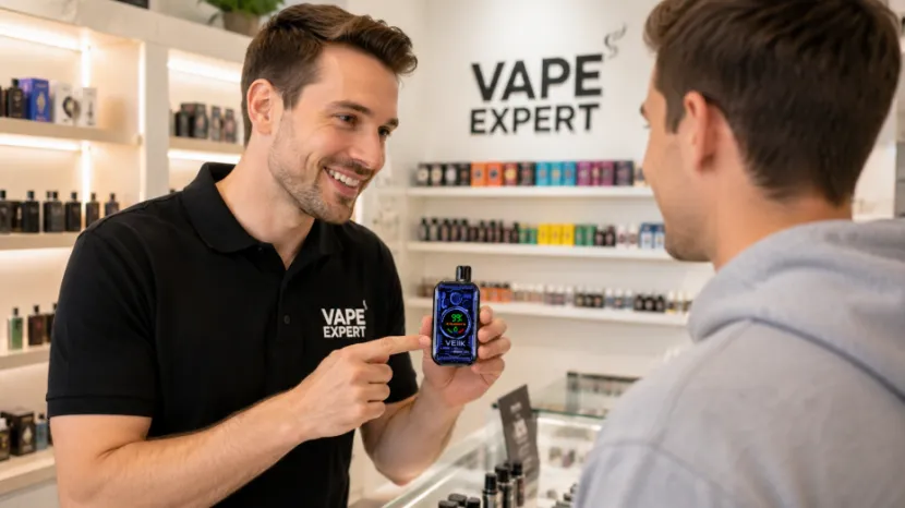 A vape shop employee pointing at the digital screen of a VEIIK disposable vape while explaining it to a customer
