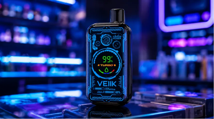 Close-up of a VEIIK disposable vape featuring a high-tech digital screen displaying battery and e-liquid levels