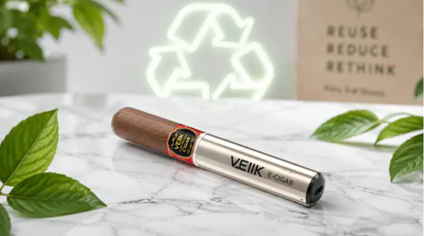 Eco-friendly VEIIK reusable e-cigar with recycling symbol background