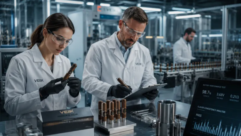Engineers performing quality control tests on VEIIK e-cigars in a manufacturing facility
