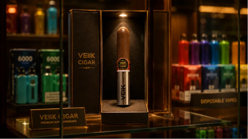 VEIIK Cigar vape displayed in a premium lighted box on a store shelf