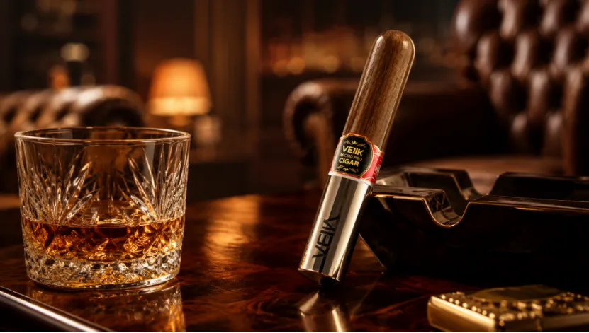 VEIIK Micko Pro Cigar vape and a glass of whiskey on a wooden table