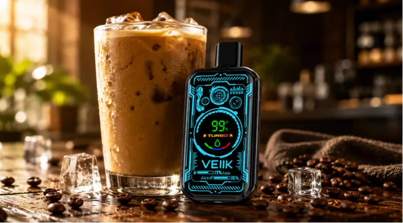 VEIIK digital screen vape next to a glass of iced coffee