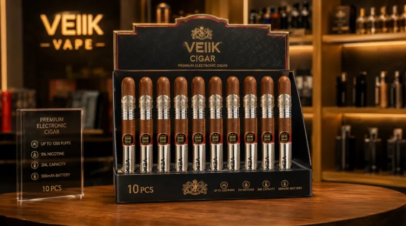 10-piece wholesale display box of VEIIK premium electronic cigars on a retail store counter