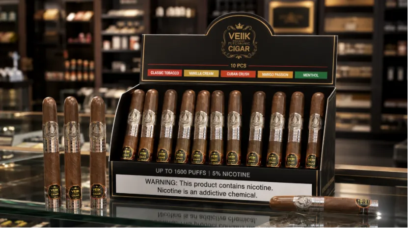 Retail display box of VEIIK electronic cigars on a shop counter