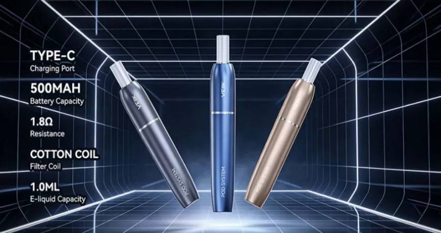Three VEIIK pod vapes with specifications