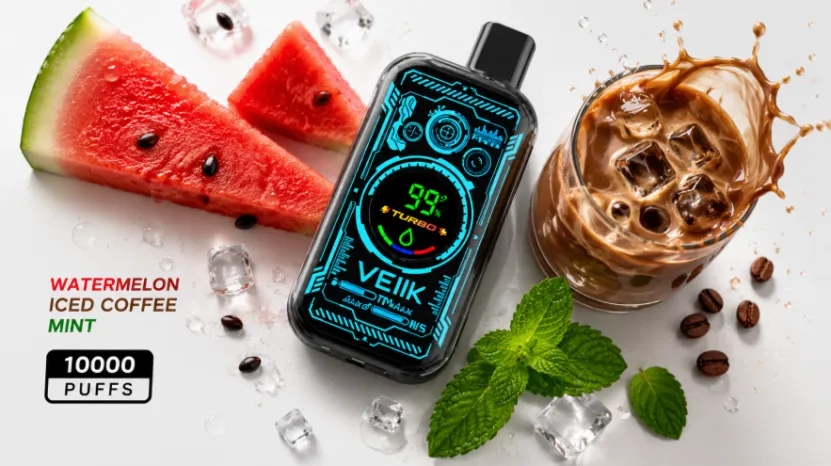 VEIIK disposable vape device styled with fresh watermelon slices, iced coffee, and mint leaves