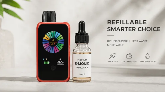 Refillable vape pod device next to a bottle of e-liquid